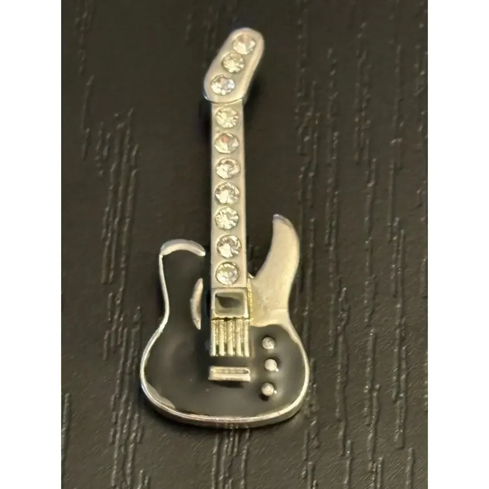 Silver Tone Electric Guitar Pendant Rhinestone Neck
